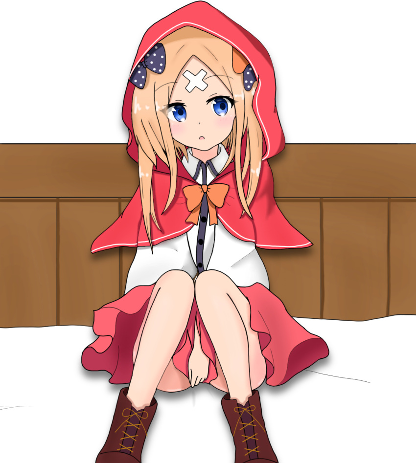 1girl :o abigail_williams_(fate/grand_order) atsumisu bangs bed_sheet black_bow blonde_hair blue_eyes blush boots bow brown_footwear capelet collared_shirt commentary_request cosplay covering covering_crotch cross-laced_footwear crossed_bandaids dress_shirt eyebrows_visible_through_hair fate/grand_order fate_(series) hair_bow highres hood hood_up hooded_capelet lace-up_boots little_red_riding_hood little_red_riding_hood_(grimm) little_red_riding_hood_(grimm)_(cosplay) long_hair looking_at_viewer orange_bow parted_bangs parted_lips polka_dot polka_dot_bow red_capelet red_skirt shirt simple_background sitting skirt solo white_background white_shirt