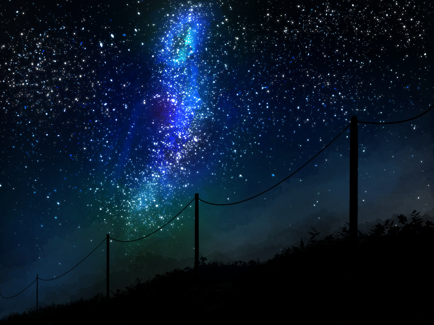 commentary_request galaxy highres meeu0biss night night_sky original outdoors plant power_lines scenery silhouette sky star_(sky) starry_sky utility_pole variant_set