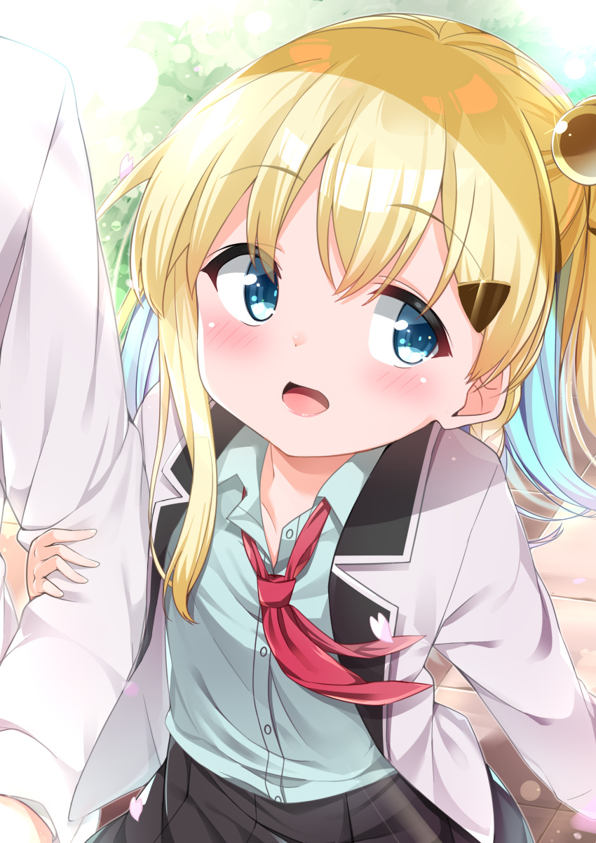 1girl absurdres black_skirt blazer blonde_hair blue_eyes blue_hair blue_shirt blush cacao_(chocolat) collarbone collared_shirt commentary_request day dress_shirt hair_bobbles hair_ornament hairclip highres jacket locked_arms long_hair moe2019 multicolored_hair neckerchief open_blazer open_clothes open_jacket open_mouth original outdoors pleated_skirt red_neckwear school_uniform shirt skirt solo_focus two-tone_hair very_long_hair white_jacket