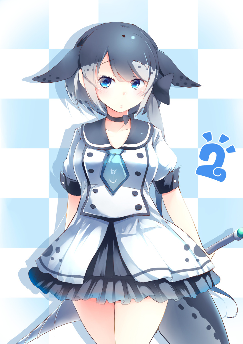 1girl absurdres anchor_symbol black_bow black_hair black_skirt blue_eyes blue_neckwear blush bow breasts checkered checkered_background closed_mouth collarbone eyebrows_visible_through_hair grey_hair hair_bow highres holding holding_weapon japari_symbol kanzakietc kemono_friends long_ponytail looking_at_viewer medium_breasts multicolored_hair narwhal_(kemono_friends) necktie short_hair side_ponytail simple_background skirt solo standing tail weapon