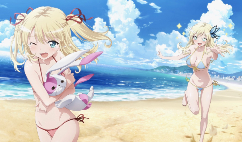 2girls :d ;o animal_ears beach bikini blonde_hair blue_bikini blue_eyes blue_sky blush boku_wa_tomodachi_ga_sukunai breasts butterfly_hair_ornament chasing cleavage clouds cloudy_sky crying day fang feet female_pervert fleeing hair_ornament hair_ribbon hasegawa_kobato highres kashiwazaki_sena large_breasts leg_up multiple_girls navel one_eye_closed open_mouth outdoors pervert rabbit rabbit_ears red_bikini red_ribbon ribbon running side-tie_bikini sky smile sparkle sparkling_eyes stuffed_toy swimsuit tears twintails under_boob watanabe_yoshihiro yuri