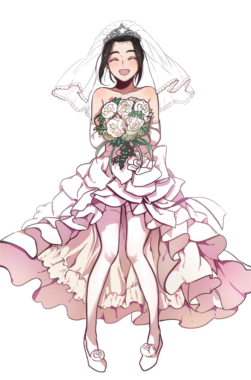 1girl absurdres bare_shoulders blush bouquet bridal_veil bride closed_eyes commentary_request commission dress elbow_gloves eyebrows flower gloves highres holding holding_bouquet original pyojunbe shoulders simple_background smile solo thick_eyebrows thigh-highs veil wedding_dress white_background white_dress white_legwear