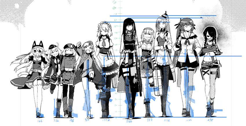 6+girls animal_ears boots c96_(girls_frontline) cat_ears chinese_commentary comic fn-49_(girls_frontline) fn_fnc_(girls_frontline) g36_(girls_frontline) girls_frontline gun habit height_chart highres ling_(cg_sky) m14_(girls_frontline) m1919_(girls_frontline) m4a1_(girls_frontline) mac-10_(girls_frontline) maid maid_headdress mauser_c96_(girls_frontline) measurements mp-446_viking_(girls_frontline) multiple_girls nun official_art p7_(girls_frontline) suitcase weapon
