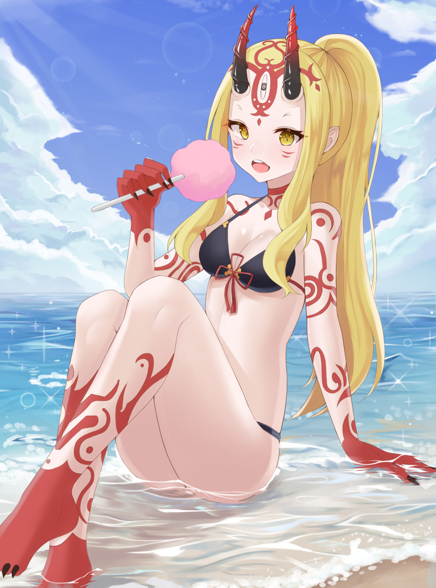 1girl absurdres artist_request ass bare_shoulders beach bikini black_bikini blonde_hair blue_sky blush breasts cleavage collarbone commentary_request cotton_candy eating facial_mark fate/grand_order fate_(series) fingernails forehead_mark highres horns ibaraki_douji_(fate/grand_order) knees_up legs long_hair looking_at_viewer navel ocean oni oni_horns open_mouth pointy_ears ponytail sharp_fingernails sidelocks sitting sky small_breasts solo swimsuit thighs yellow_eyes