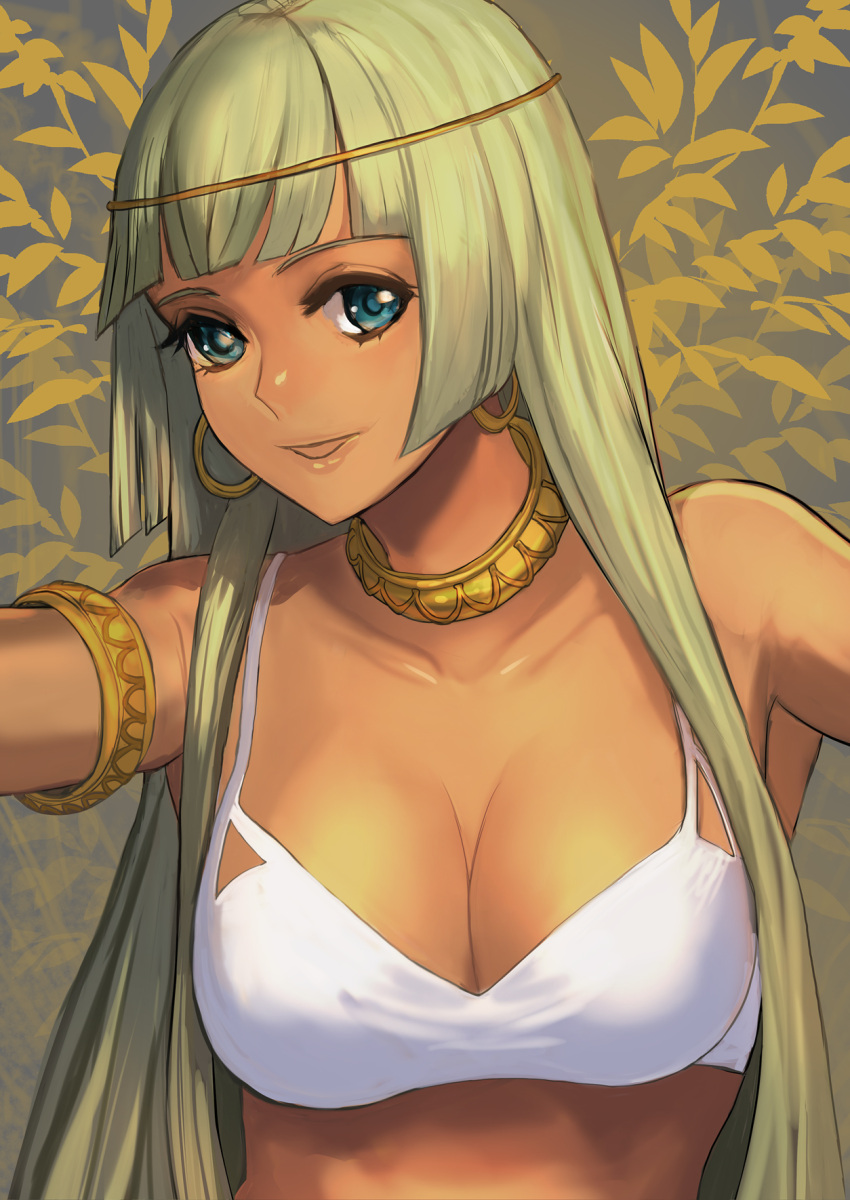 1girl armlet bangs blue_eyes blunt_bangs breasts cleavage dark_skin earrings green_hair highres hoop_earrings jewelry kishiba_yuusuke long_hair looking_at_viewer medium_breasts neck_ring open_mouth original solo upper_body white_bikini_top