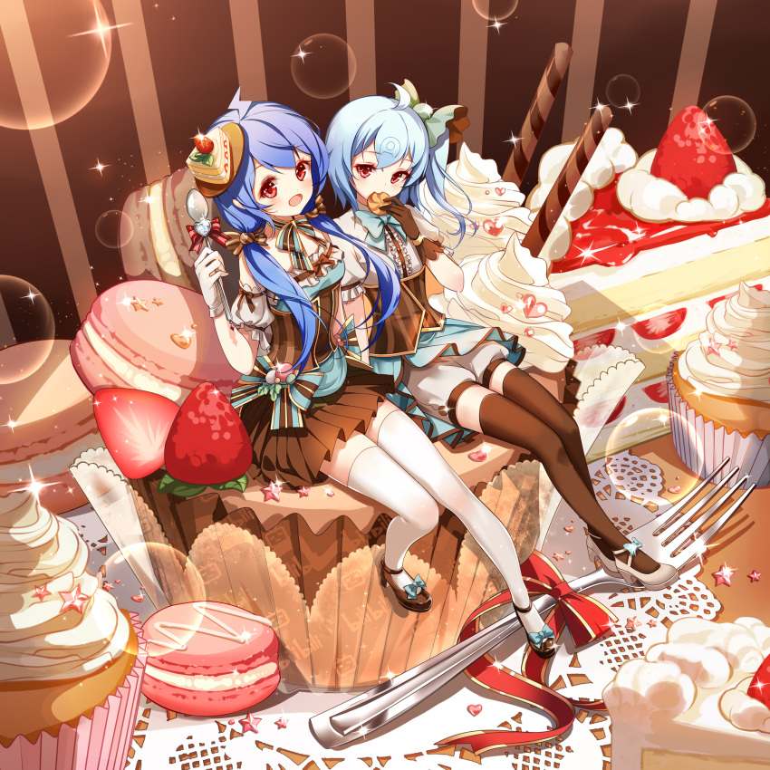 2girls :d bangs bili_girl_22 bili_girl_33 bilibili_douga blue_bow blue_hair blush bow breasts brown_footwear brown_gloves brown_legwear brown_skirt cake center_frills closed_mouth clouble commentary_request doily eating eyebrows_visible_through_hair food fork fruit glint gloves hair_between_eyes hair_ornament highres holding holding_food holding_spoon in_food macaron minigirl multiple_girls open_mouth pleated_skirt puffy_short_sleeves puffy_shorts puffy_sleeves red_eyes shirt shoes short_shorts short_sleeves shorts sitting skirt slice_of_cake small_breasts smile sparkle spoon star strawberry strawberry_shortcake striped striped_background striped_bow thigh-highs underbust vertical-striped_background vertical_stripes wafer_stick whipped_cream white_footwear white_gloves white_legwear white_shirt white_shorts