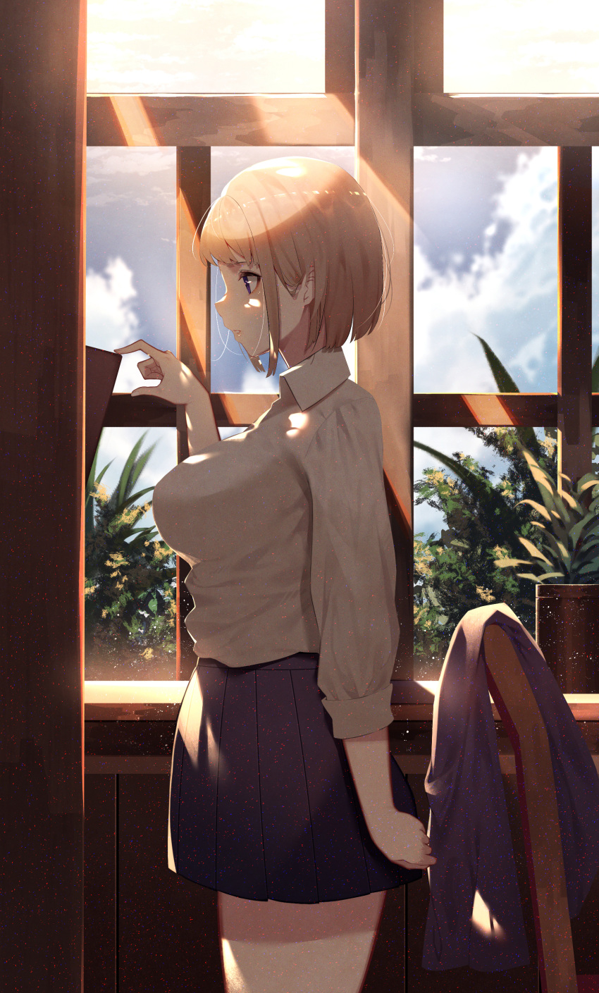 1girl absurdres arm_at_side bangs black_skirt book bookshelf breasts chair clouds collared_shirt commentary_request cowboy_shot flower_pot from_side highres indoors kisui_(user_wswf3235) large_breasts long_sleeves orange_hair original parted_lips plant pleated_skirt potted_plant profile shirt short_hair skirt sleeves_folded_up solo sunlight violet_eyes white_shirt window