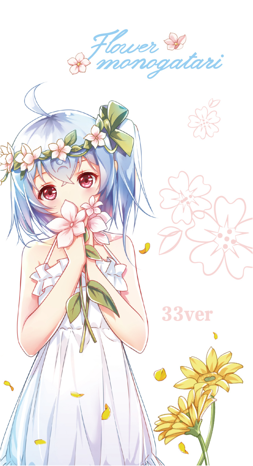 1girl bare_arms bare_shoulders bili_girl_33 bilibili_douga blue_hair blush clouble collarbone covered_mouth dress english_text flower flower_wreath hands_together hands_up head_tilt head_wreath highres holding holding_flower long_hair one_side_up own_hands_together petals pink_flower red_eyes romaji_text sleeveless sleeveless_dress solo sundress white_dress yellow_flower