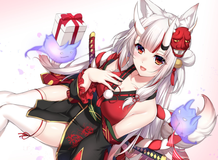 1girl animal_ears bangs bare_shoulders bell black_kimono blush bow box breasts cleavage collarbone fox_ears fox_girl fox_tail frilled_sleeves frills from_above gift gift_box gradient_hair hair_bell hair_bun hair_ornament hand_on_own_chest hitodama hololive horns japanese_clothes katana kimono knees_together_feet_apart long_hair looking_at_viewer mask mask_on_head medium_breasts minamon_(vittel221) multicolored_hair nail_polish nakiri_ayame off_shoulder oni oni_horns open_mouth pelvic_curtain petals pink_hair pink_nails pom_pom_(clothes) red_bow red_eyes red_shirt ribbon-trimmed_clothes ribbon-trimmed_legwear ribbon_trim rope sash shimenawa shirt smile solo sword tail thigh-highs very_long_hair virtual_youtuber weapon white_hair white_legwear
