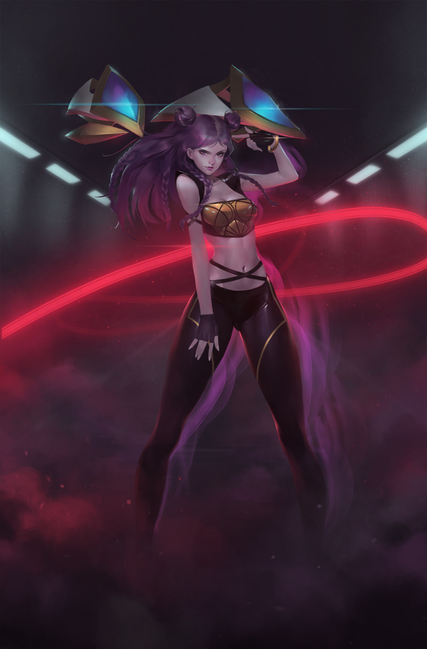 1girl afterimage bare_shoulders black_gloves bracelet braid breasts cleavage collarbone double_bun fingerless_gloves floating floating_weapon gloves hair_bun highres jayjiwoo_park jewelry k/da_(league_of_legends) k/da_kai'sa kai'sa league_of_legends lens_flare lights medium_hair navel parted_lips pointing purple_hair purple_lips smile smoke solo standing tight violet_eyes weapon