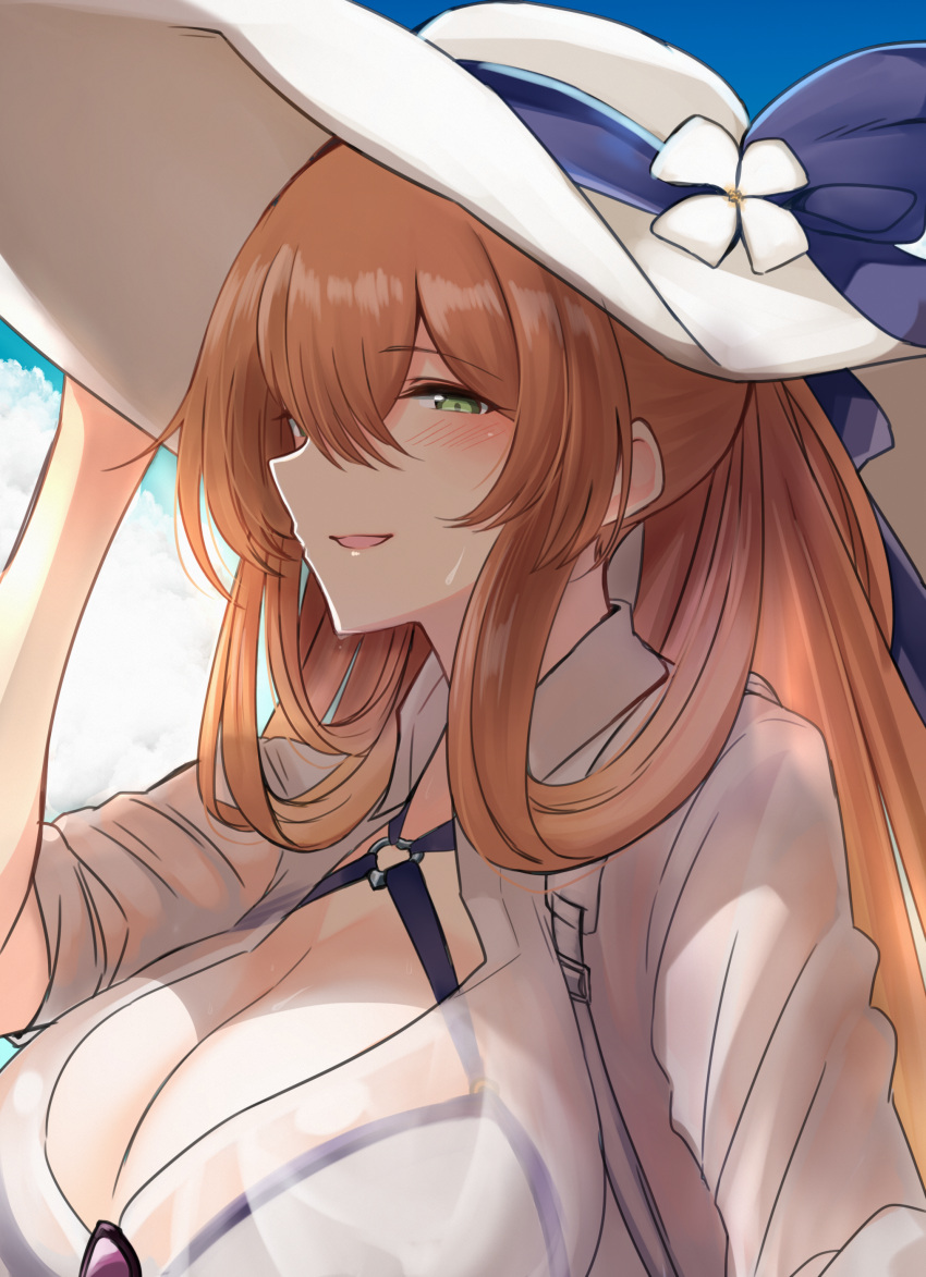 10eki_(tenchou) 1girl absurdres alternate_costume alternate_hairstyle bangs bikini bikini_under_clothes blue_sky breasts brown_hair cleavage clouds collared_shirt day eyewear_removed flower girls_frontline green_eyes hair_rings half-closed_eyes hand_on_headwear hat hat_flower highres large_breasts long_hair long_sleeves m1903_springfield_(girls_frontline) o-ring outdoors parted_lips see-through shirt sidelocks sky smile solo summer_hat sunglasses sweat swimsuit upper_body wet white_hat white_shirt