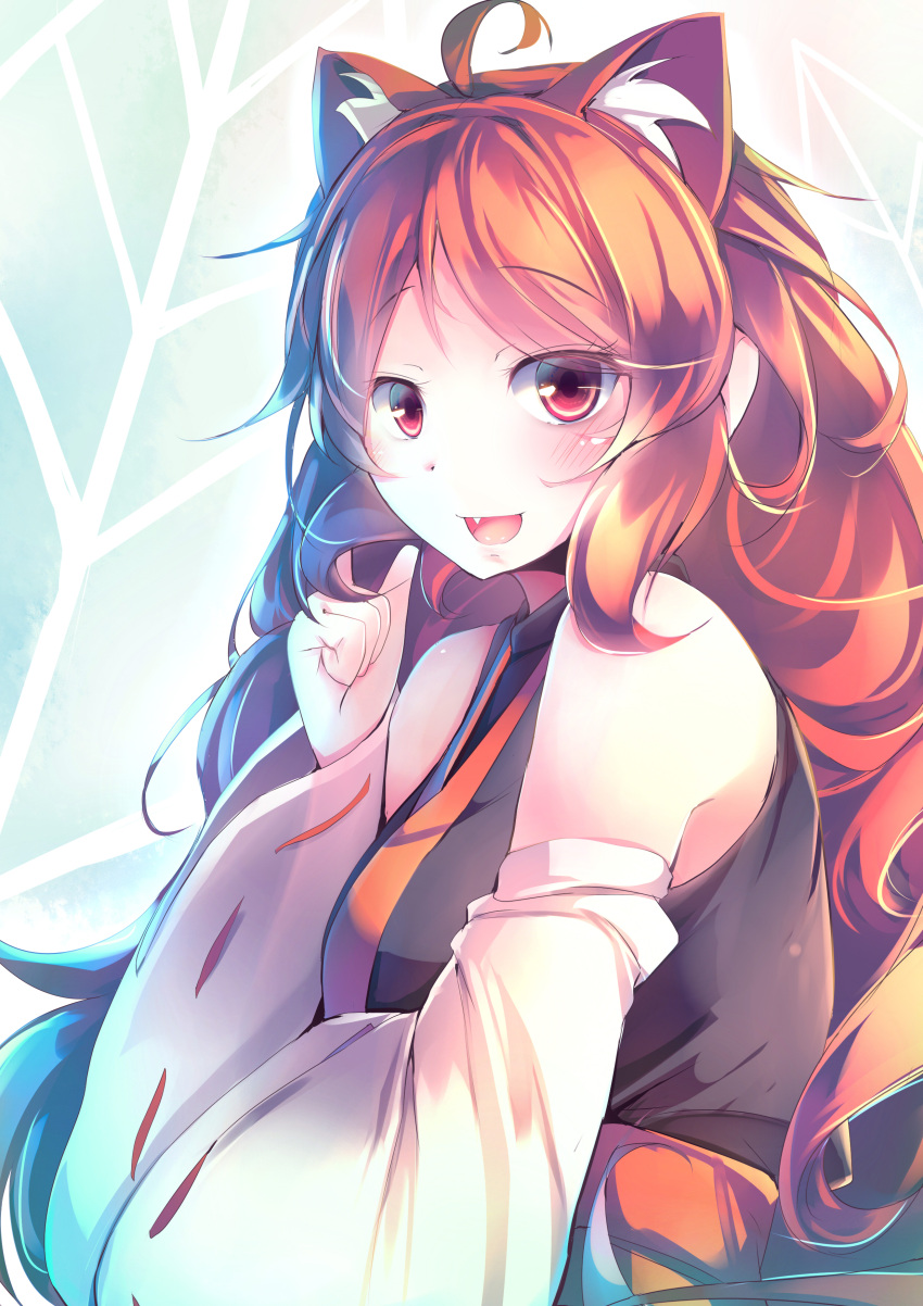 1girl absurdres ahoge animal_ears bare_shoulders blush breasts cat_ears curly_hair extra_ears fang highres kanzakietc kemurikusa large_breasts long_hair looking_at_viewer open_mouth orange_hair red_eyes ritsu_(kemurikusa) sleeveless smile solo upper_body