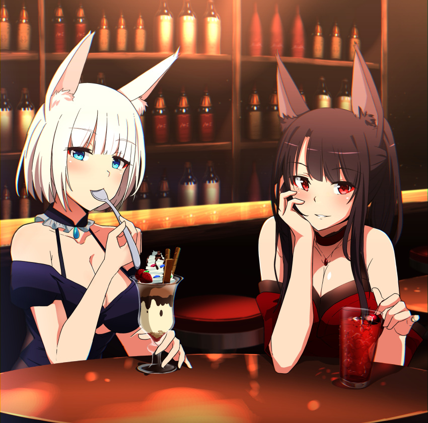 2girls absurdres akagi_(azur_lane) animal_ears artist_request azur_lane bangs bare_shoulders black_hair blue_dress blue_eyes blunt_bangs blush breasts choker cleavage collarbone commentary_request desk dress eyebrows_visible_through_hair eyeliner eyeshadow fox_ears highres holding holding_spoon indoors jewelry kaga_(azur_lane) large_breasts long_hair looking_at_viewer makeup multiple_girls necklace parfait parted_lips ponytail red_dress red_eyes short_hair sidelocks sitting smile spoon spoon_in_mouth white_hair