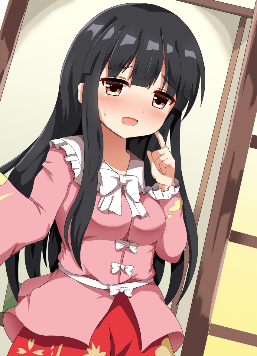 1girl arm_up bangs black_hair blouse blush bow bowtie breasts brown_eyes commentary_request dutch_angle finger_to_cheek guard_bento_atsushi highres hime_cut houraisan_kaguya indoors long_hair long_sleeves looking_at_viewer medium_breasts open_mouth pink_blouse red_skirt self_shot sidelocks skirt solo standing sweatdrop touhou upper_body very_long_hair white_neckwear