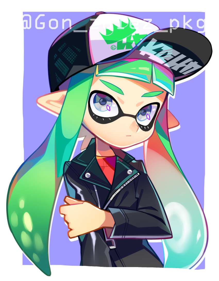 1girl absurdres baseball_cap black_jacket domino_mask green_hair grey_eyes hand_on_own_arm hat highres jacket long_sleeves mask o_(maru14mori) pointy_ears silhouette solo splatoon splatoon_(series) splatoon_2 tentacle_hair twitter_username upper_body