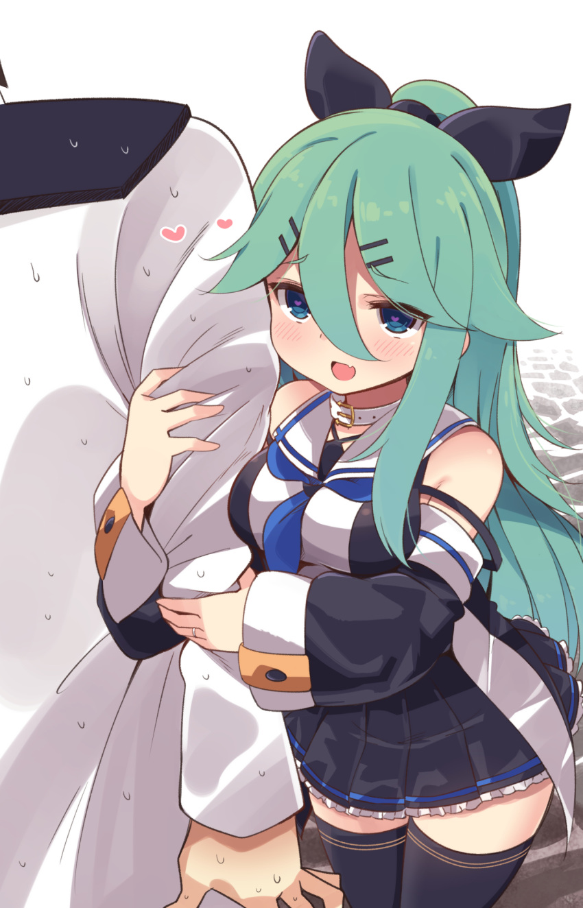 1boy 1girl admiral_(kantai_collection) arm_hug bangs black_legwear black_ribbon black_serafuku black_skirt blue_neckwear blue_ribbon choker commentary_request detached_sleeves green_eyes green_hair hair_between_eyes hair_flaps hair_ornament hair_ribbon hairclip highres kantai_collection long_hair looking_at_viewer neckerchief parted_bangs pleated_skirt ponytail ribbon school_uniform serafuku sidelocks skirt suzuki_toto sweat sweating_profusely thigh-highs yamakaze_(kantai_collection) zettai_ryouiki