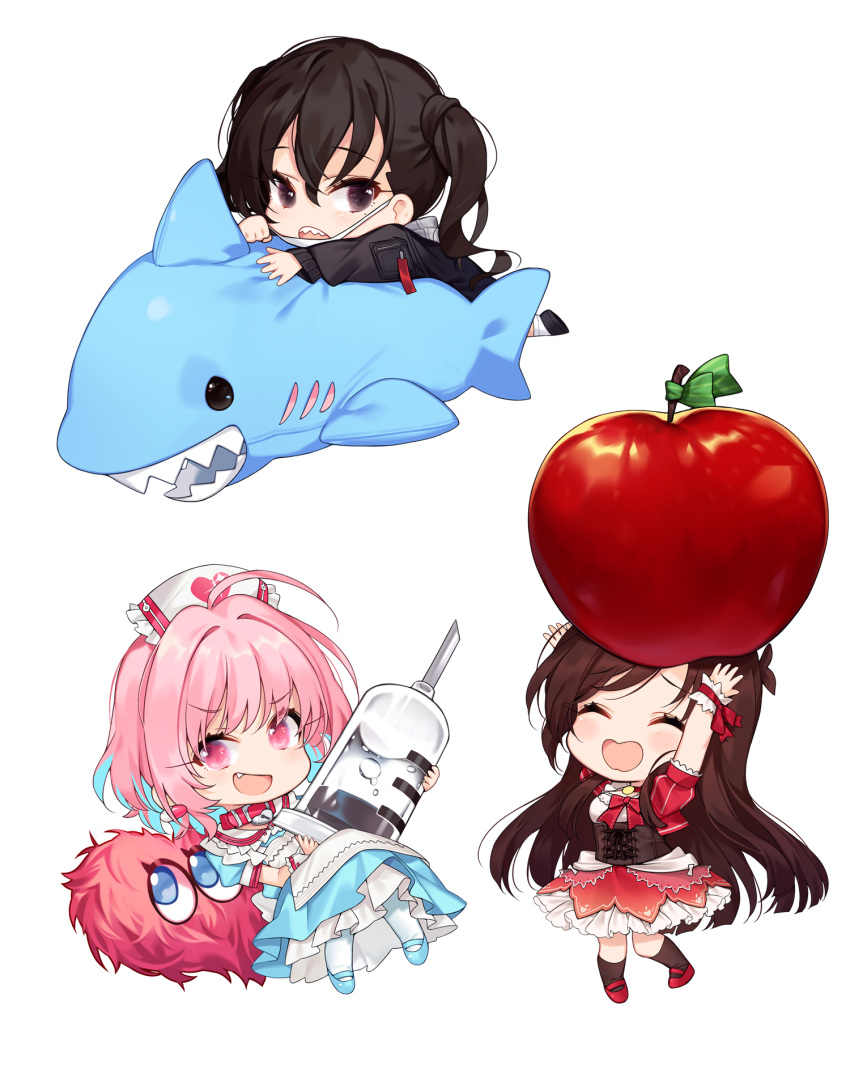 3girls ahoge apple bangs black_eyes black_hair black_jacket black_sweater blue_hair blush bow brown_hair brown_legwear chibi choker closed_eyes closed_mouth collar commentary_request corset dress eyebrows_visible_through_hair face_mask fang food frilled_dress frills fruit green_ribbon hair_between_eyes heart highres holding idolmaster idolmaster_cinderella_girls jacket kneehighs long_hair looking_at_viewer lying mask mask_pull mole mole_under_eye multicolored_hair multiple_girls necktie open_mouth pantyhose pink_eyes pink_hair puffy_short_sleeves puffy_sleeves red_bow ribbon shark sharp_teeth shoes short_hair short_sleeves simple_background smile socks standing stuffed_animal stuffed_shark stuffed_toy sunazuka_akira surgical_mask sweater syringe takotsu teeth tsujino_akari twintails two-tone_hair white_background white_legwear wrist_cuffs yumemi_riamu