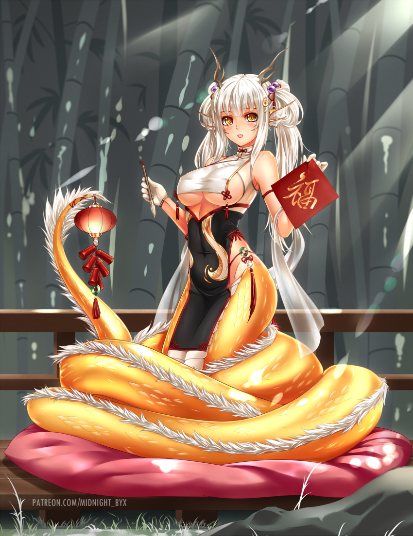 1girl bangs bare_shoulders blunt_bangs blush breasts calligraphy_brush china_dress chinese_clothes covered_navel dragon dragon_horns dress eastern_dragon eyebrows_visible_through_hair head_fins highres horns large_breasts long_hair looking_at_viewer midnight_(banyex) monster_girl monster_girl_encyclopedia open_mouth paintbrush patreon_username ryuu_(monster_girl_encyclopedia) scales see-through sleeveless slit_pupils solo under_boob watermark web_address white_hair yellow_eyes