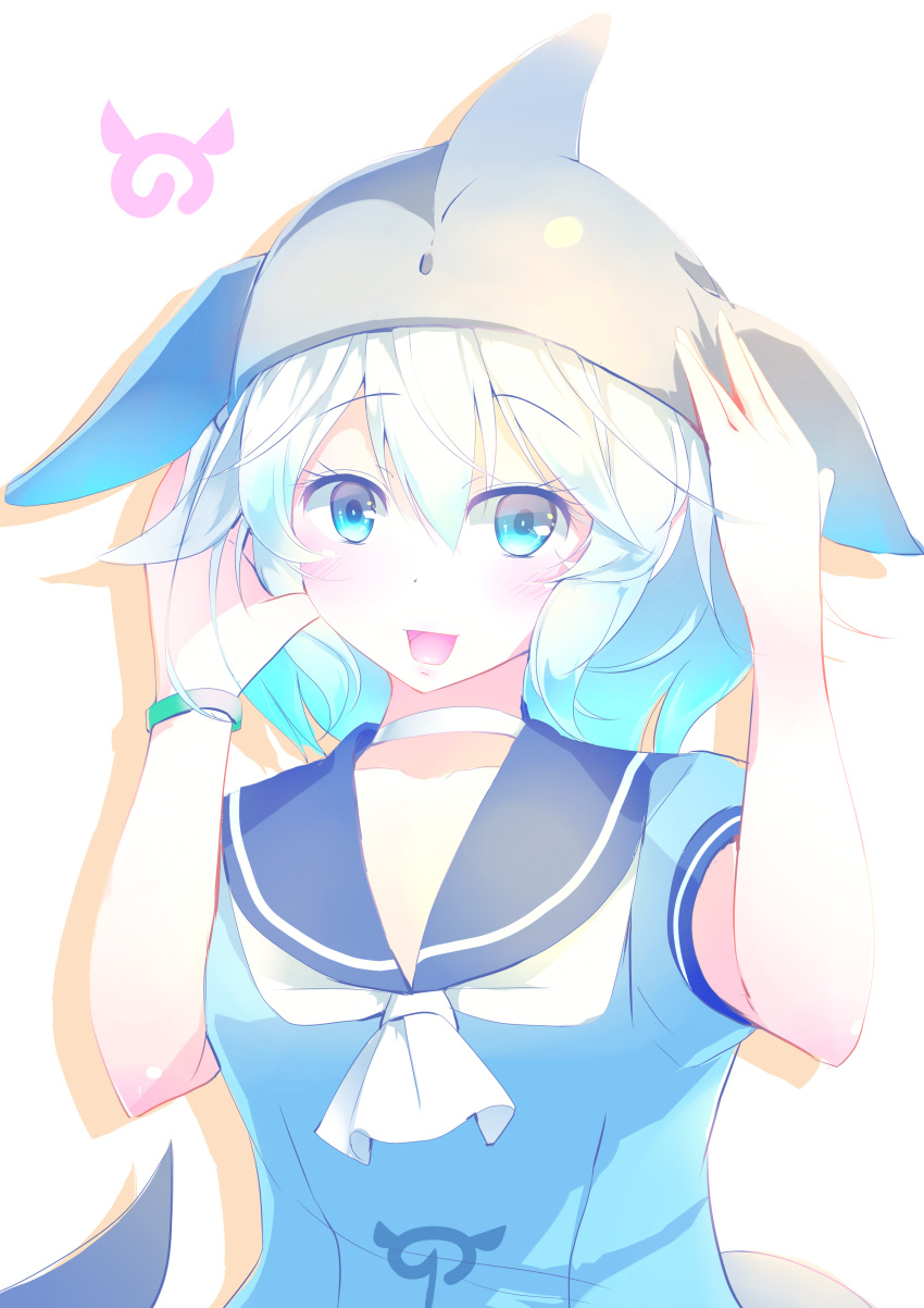 1girl absurdres arms_up blue_eyes blush breasts choker collarbone common_bottlenose_dolphin_(kemono_friends) dolphin_tail eyebrows_visible_through_hair highres japari_symbol kanzakietc kemono_friends looking_at_viewer multicolored_hair neckerchief open_mouth sailor_collar short_sleeves simple_background small_breasts smile solo two-tone_hair upper_body white_background white_hair white_neckwear