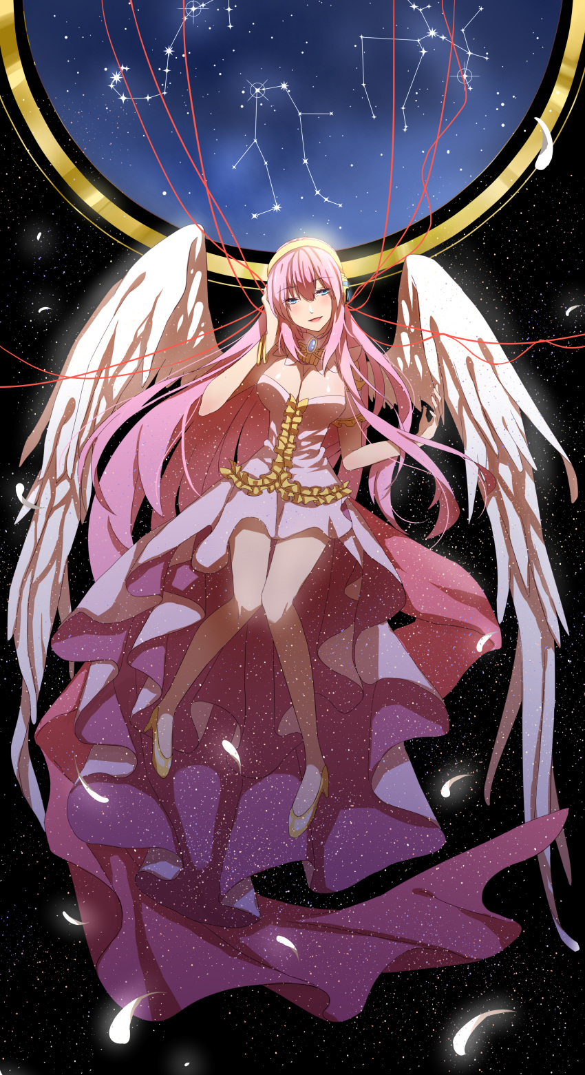 1girl absurdres amulet angel_wings bare_legs blue_eyes blush bracelet breasts cable commentary constellation dress hand_on_headphones headphones highres hoshikuzu_utopia_(vocaloid) jewelry knees_together_feet_apart large_breasts long_hair megurine_luka night pink_hair sky slippers smile solo star star_(sky) starry_sky very_long_hair vocaloid wings zi_roland