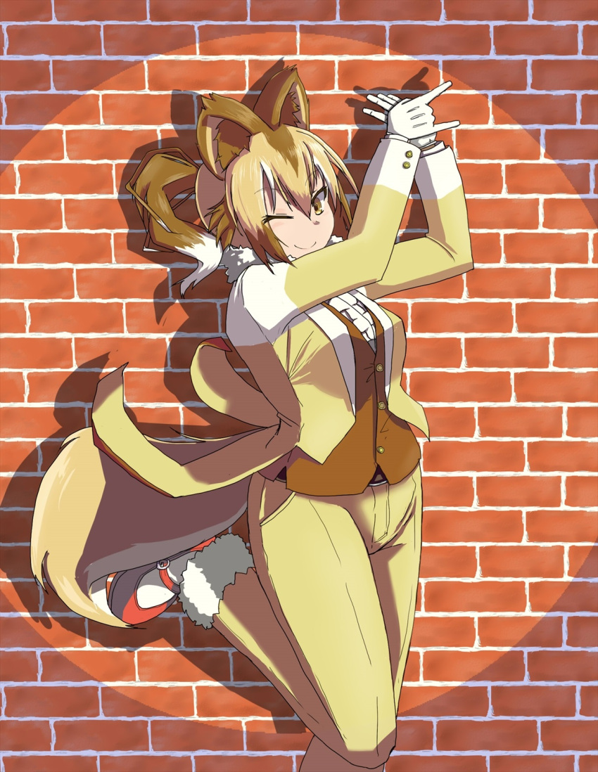 1girl ;) animal_ears arms_up belt brick_wall brown_hair brown_vest buttons closed_mouth commentary_request cowboy_shot dingo_(kemono_friends) dog_ears dog_tail eyebrows_visible_through_hair formal fur-trimmed_pants fur_collar fur_trim gloves hair_between_eyes hane_(kirschbaum) high_ponytail highres kemono_friends leg_up light_brown_eyes light_brown_hair long_hair long_sleeves looking_at_viewer multicolored_hair one_eye_closed own_hands_together pants pocket ponytail red_footwear shadow shadow_puppet shoes smile solo standing standing_on_one_leg suit tail tailcoat tsurime vest white_hair