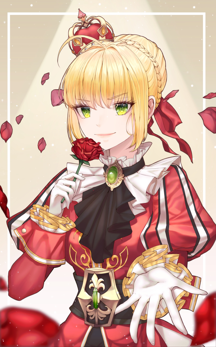 1girl absurdres ahoge blonde_hair braid brooch crown crown_braid fate/extra fate/grand_order fate_(series) flower gloves green_eyes hair_ribbon highres holding holding_flower huge_filesize jewelry juliet_sleeves long_sleeves looking_at_viewer nero_claudius_(fate) nero_claudius_(fate)_(all) outstretched_hand petals puffy_sleeves red_ribbon ribbon rose s_s_zene sidelocks simple_background smile solo tilted_headwear white_gloves