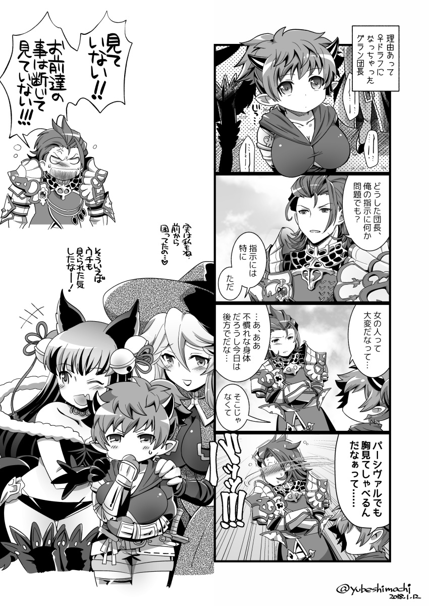 absurdres akari_seisuke animal_ears axe blush breasts character_request cleavage comic dated draph fighter_(granblue_fantasy) genderswap genderswap_(mtf) gran_(granblue_fantasy) granblue_fantasy hand_on_hip highres holding holding_axe horns large_breasts monochrome pointy_ears ponytail shorts simple_background solo sword thighs translation_request twitter_username under_boob weapon
