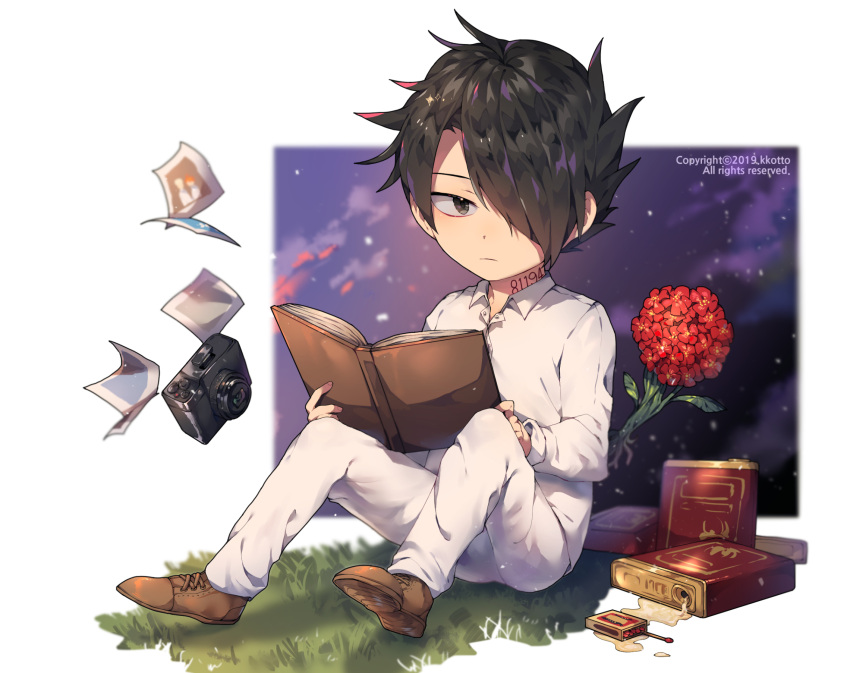 1boy artist_name black_eyes black_hair book brown_footwear camera flower gasoline grass hair_over_one_eye highres kkotto male_focus matchbox matches neck_tattoo open_book pants photo_(object) ray_(yakusoku_no_neverland) red_flower shirt sitting solo tattoo watermark white_pants white_shirt yakusoku_no_neverland