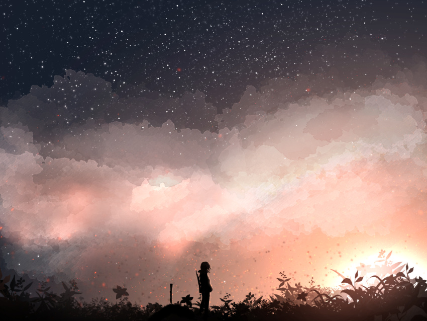 1other clouds commentary floating_hair from_side gun gun_on_back light_particles meeu0biss original outdoors plant scenery short_hair silhouette sky solo standing star_(sky) starry_sky sunset weapon weapon_on_back wide_shot