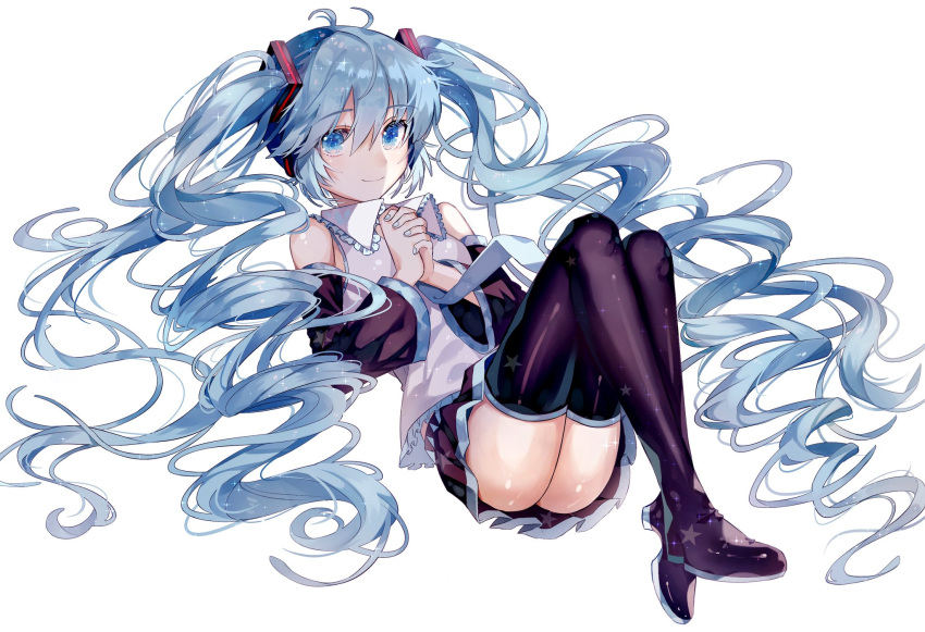 1girl ass blue_eyes blue_hair commentary curly_hair deep_(deep4946) detached_sleeves english_commentary full_body hair_ornament hands_clasped hatsune_miku highres interlocked_fingers knees_up light_blush long_hair looking_at_viewer lying necktie on_back own_hands_together shirt skirt sleeveless sleeveless_shirt smile solo star star_print thigh-highs twintails very_long_hair vocaloid white_background white_shirt