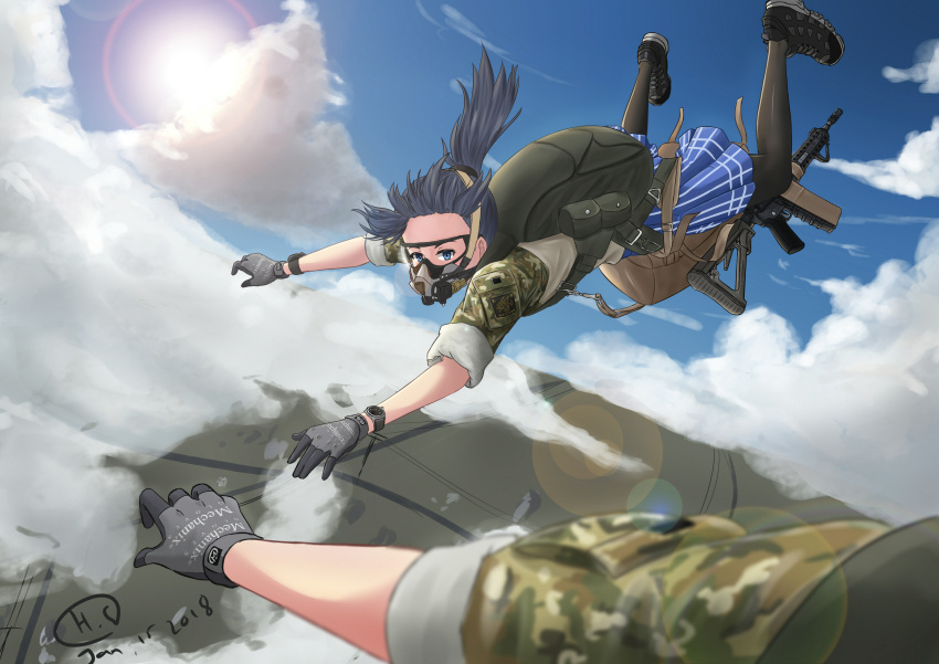 absurdres adapted_uniform ar-15 assault_rifle backpack bag black_hair blue_eyes blurry_foreground clouds commentary dated english_commentary gloves goggles gun highres himmelstern lens_flare looking_at_viewer original oxygen_mask pantyhose parachute pleated_skirt pov rifle signature skirt sky skydive watch watch weapon