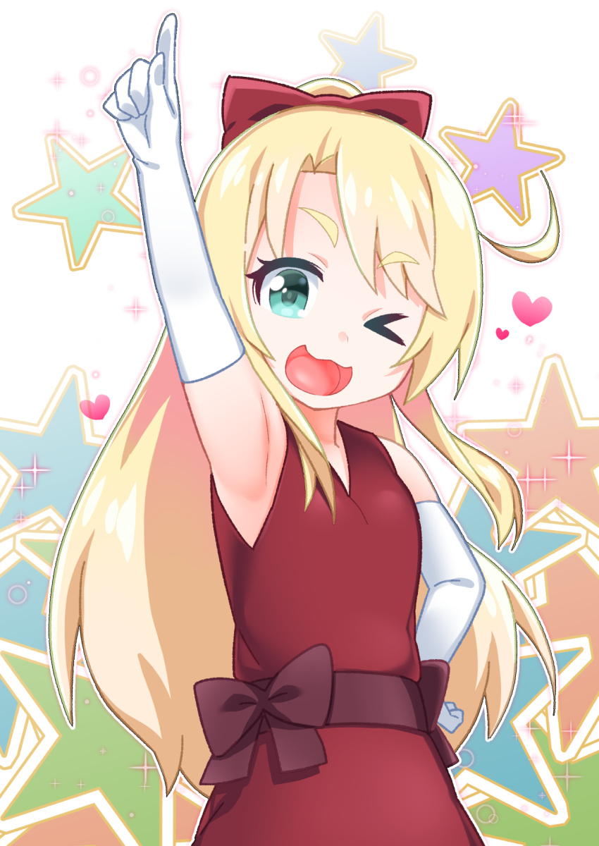 &gt;_o 1girl ;d arm_up armpits bangs blonde_hair bow commentary_request dress elbow_gloves eyebrows_visible_through_hair gloves green_eyes hair_bow happy_happy_friends high_ponytail highres himesaka_noa index_finger_raised kirisame_mia long_hair one_eye_closed open_mouth ponytail red_bow red_dress sleeveless sleeveless_dress smile solo star thick_eyebrows upper_body v-shaped_eyebrows very_long_hair watashi_ni_tenshi_ga_maiorita! white_background white_gloves