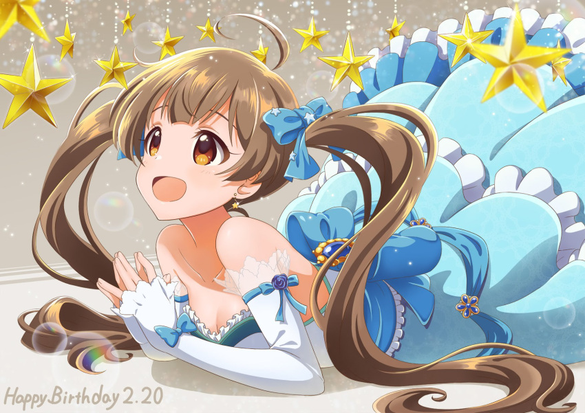1girl :d ahoge bare_shoulders breasts brown_eyes brown_hair collarbone commentary_request dress earrings elbow_gloves fingerless_gloves gloves hair_ribbon hakozaki_serika highres idolmaster idolmaster_million_live! jewelry long_hair open_mouth ribbon small_breasts smile solo star strapless strapless_dress twintails