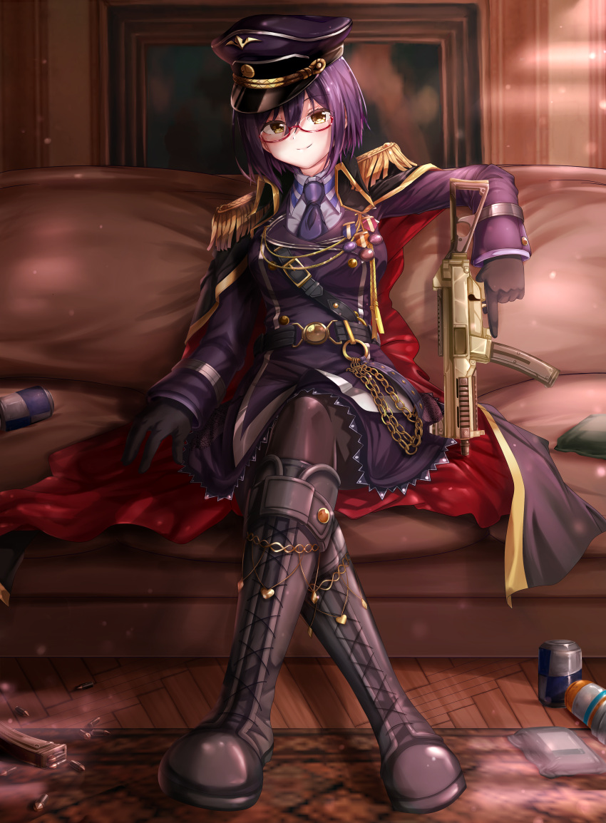 1girl absurdres boots can cape couch epaulettes formal glasses gloves gun h&amp;k_ump hat highres holding holding_gun holding_weapon huge_filesize klie knee_boots magazine_(weapon) medal military_hat necktie nijisanji pantyhose peaked_cap purple_hair red-framed_eyewear semi-rimless_eyewear shizuka_rin short_hair sitting solo submachine_gun trigger_discipline weapon yellow_eyes