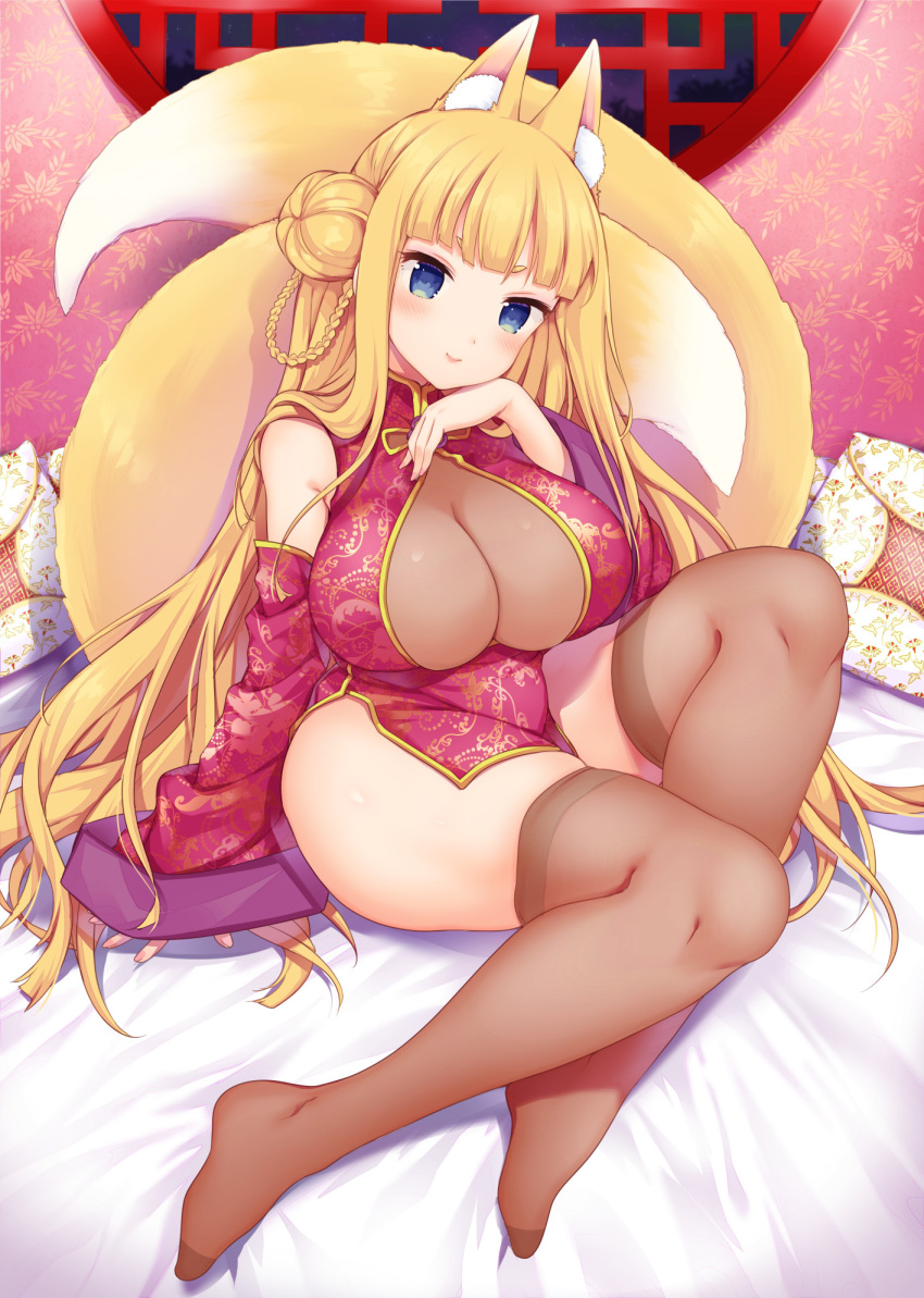 1girl animal_ear_fluff animal_ears bangs blonde_hair blue_eyes blunt_bangs braid breasts brown_legwear china_dress chinese_clothes cleavage closed_mouth detached_sleeves dress fox_ears fox_tail full_body hair_bun highres indoors large_breasts lips long_hair long_sleeves looking_at_viewer miyano_ururu multiple_tails nail_polish night night_sky no_shoes on_bed original pillow pink_nails red_dress short_eyebrows single_braid sitting sky smile solo tail thigh-highs very_long_hair wide_sleeves window
