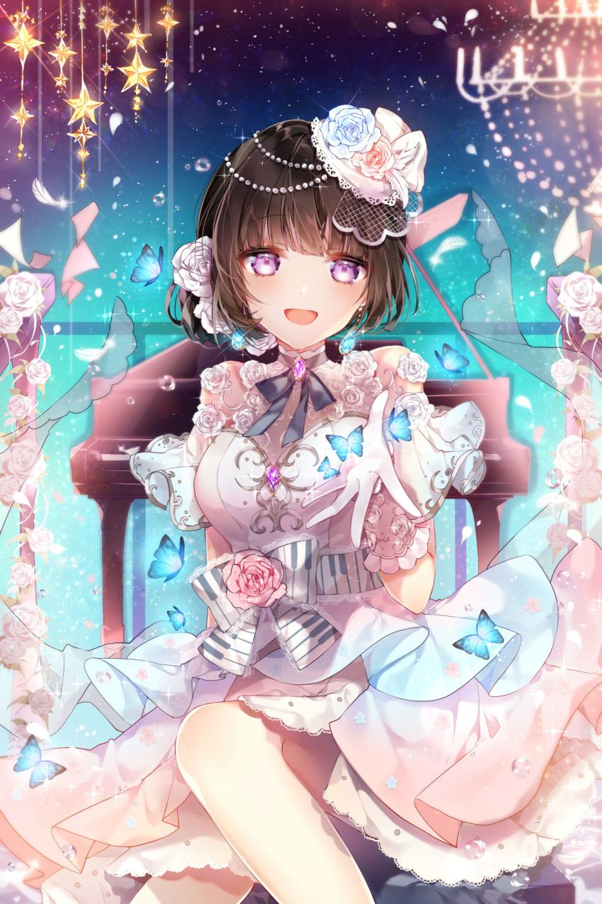1girl :d bang_dream! bangs black_hair blue_butterfly blue_flower blush brooch bug butterfly chandelier commentary_request dress earrings elbow_gloves flower frilled_sleeves frills gloves hair_bun hair_flower hair_ornament hair_up head_chain highres insect instrument jewelry neck_ribbon open_mouth outstretched_hand petals piano piano_print pink_dress pink_flower ribbon rose shirokane_rinko short_sleeves sitting smile solo sparkle star taya_5323203 violet_eyes white_flower white_rose