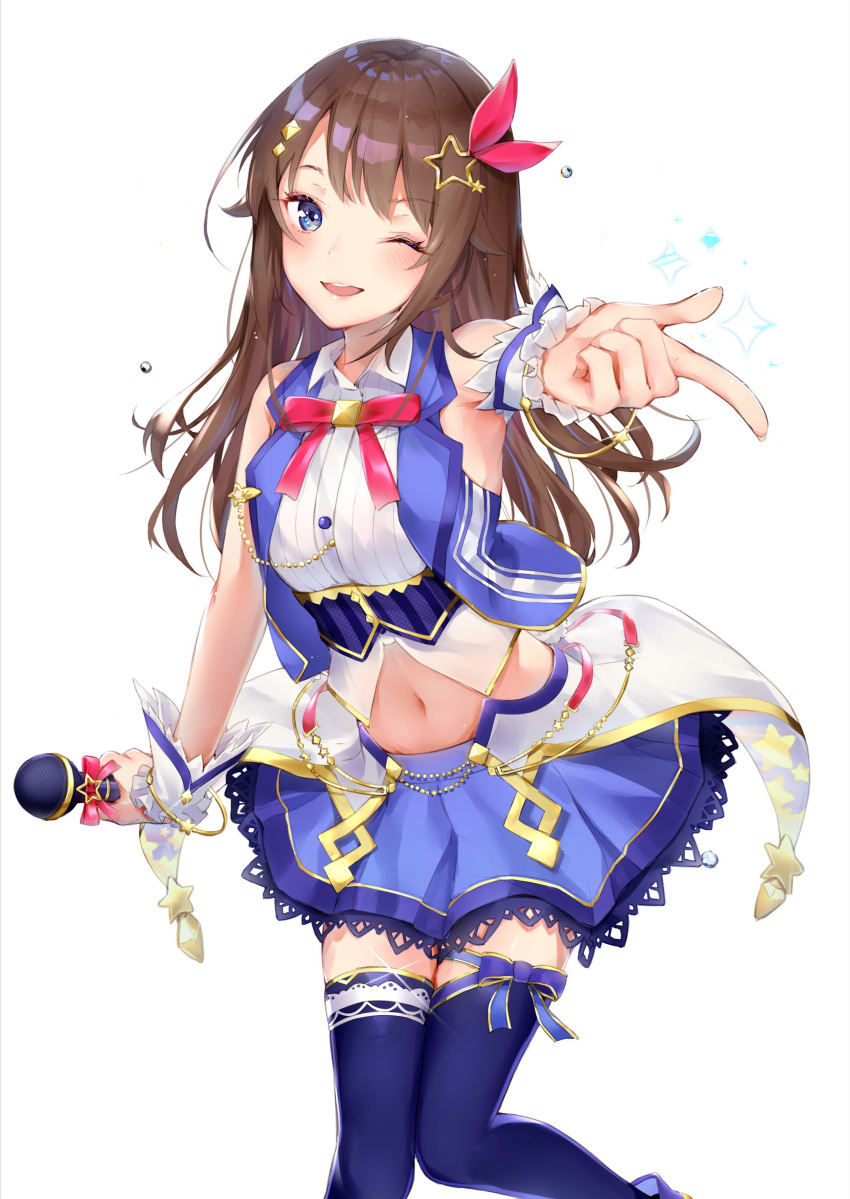 1girl absurdres asymmetrical_bangs bangs blue_eyes blue_legwear blue_ribbon blue_skirt blue_vest blush brown_hair frilled_sleeves frills hair_ornament highres isutoon_(ist3129) jewelry lips long_hair looking_at_viewer microphone navel neck_ribbon one_eye_closed open_mouth red_ribbon ribbon simple_background skirt smile solo star thigh-highs thigh_ribbon tokino_sora tokino_sora_channel vest white_background wing_collar