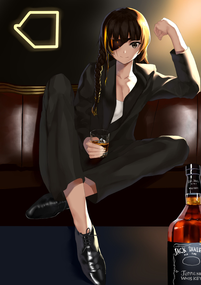 absurdres alcohol artist_request black_hair braided_ponytail breasts cleavage couch eyepatch formal girls_frontline glass highres ice ice_cube jack_daniel's legs_crossed m16a1_(girls_frontline) no_socks shoes suit