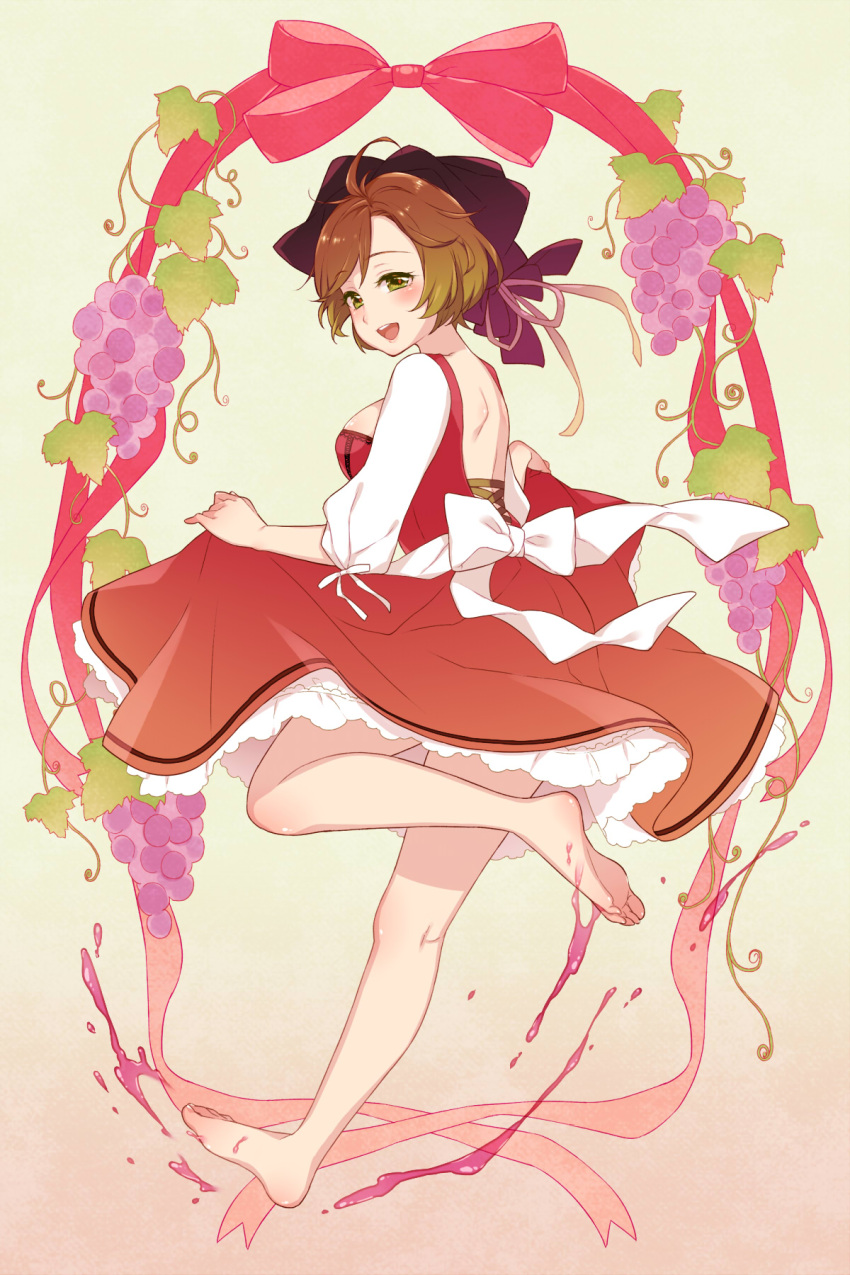1girl :d backless_dress backless_outfit barefoot breasts brown_hair dress food fruit full_body gradient gradient_background grape_stomping grapes green_background green_eyes hair_ornament highres large_breasts leg_up long_sleeves looking_at_viewer meiko open_mouth red_dress red_ribbon ribbon short_hair sideboob smile soles solo ssn standing standing_on_one_leg vocaloid white_ribbon
