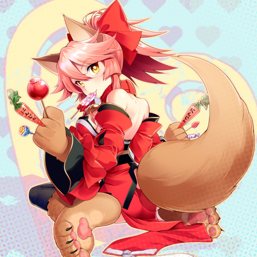 1girl animal_ear_fluff animal_ears bare_shoulders bell bell_collar black_legwear bow candy collar detached_sleeves fate/grand_order fate_(series) food fox_ears fox_girl fox_tail gloves hair_bow hakka_(88hk88) highres holding_lollipop japanese_clothes jingle_bell kimono lollipop looking_back paw_gloves paw_shoes paws pelvic_curtain pink_hair ponytail red_bow red_kimono shoes short_kimono sitting solo tail tamamo_(fate)_(all) tamamo_cat_(fate) thigh-highs wariza wide_sleeves