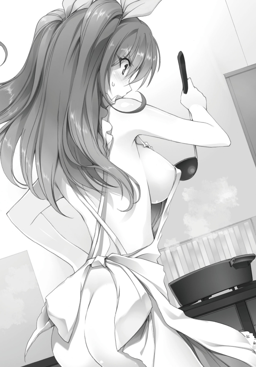 1girl apron ass bow breasts cooking cowboy_shot eyebrows_visible_through_hair greyscale hair_between_eyes hair_bow hand_on_hip highres holding large_breasts long_hair monochrome naked_apron novel_illustration official_art rakudai_kishi_no_cavalry shiny shiny_hair sideboob solo standing stella_vermillion twintails won_(az_hybrid)