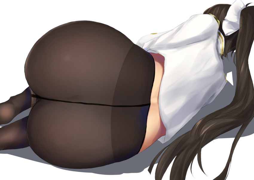 1girl absurdres ass azur_lane black_hair black_legwear bow from_behind highres jacket long_hair lying military military_uniform no_pants on_side pantyhose ponytail ribbon seamed_legwear solo takao_(azur_lane) tokorotn uniform very_long_hair white_bow white_jacket