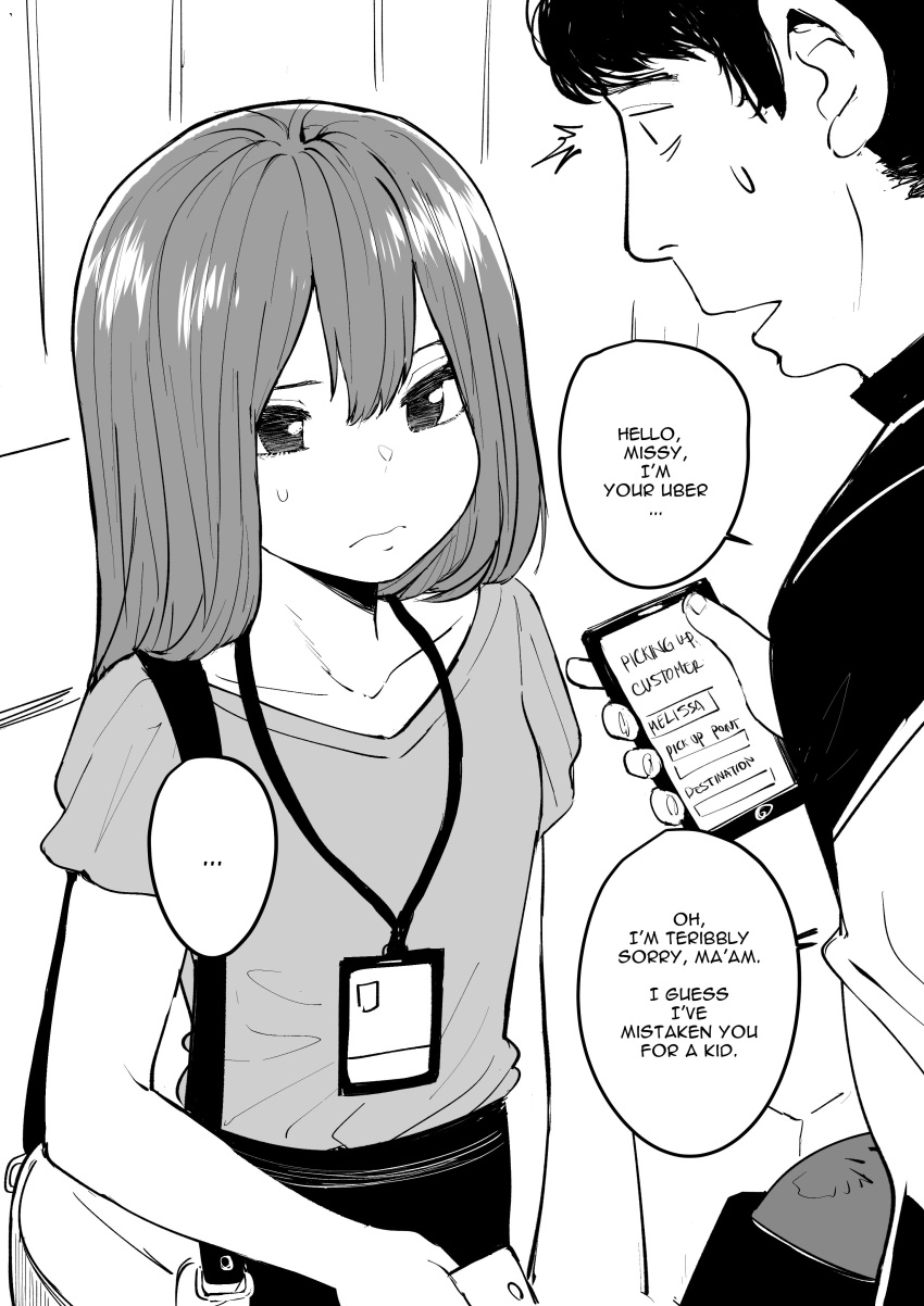 1boy 1girl absurdres annoyed bag cellphone collarbone commentary english_text greyscale hair_between_eyes handbag highres lanyard long_hair melissa_renata monochrome norman_maggot original petite phone shirt sweat sweatdrop