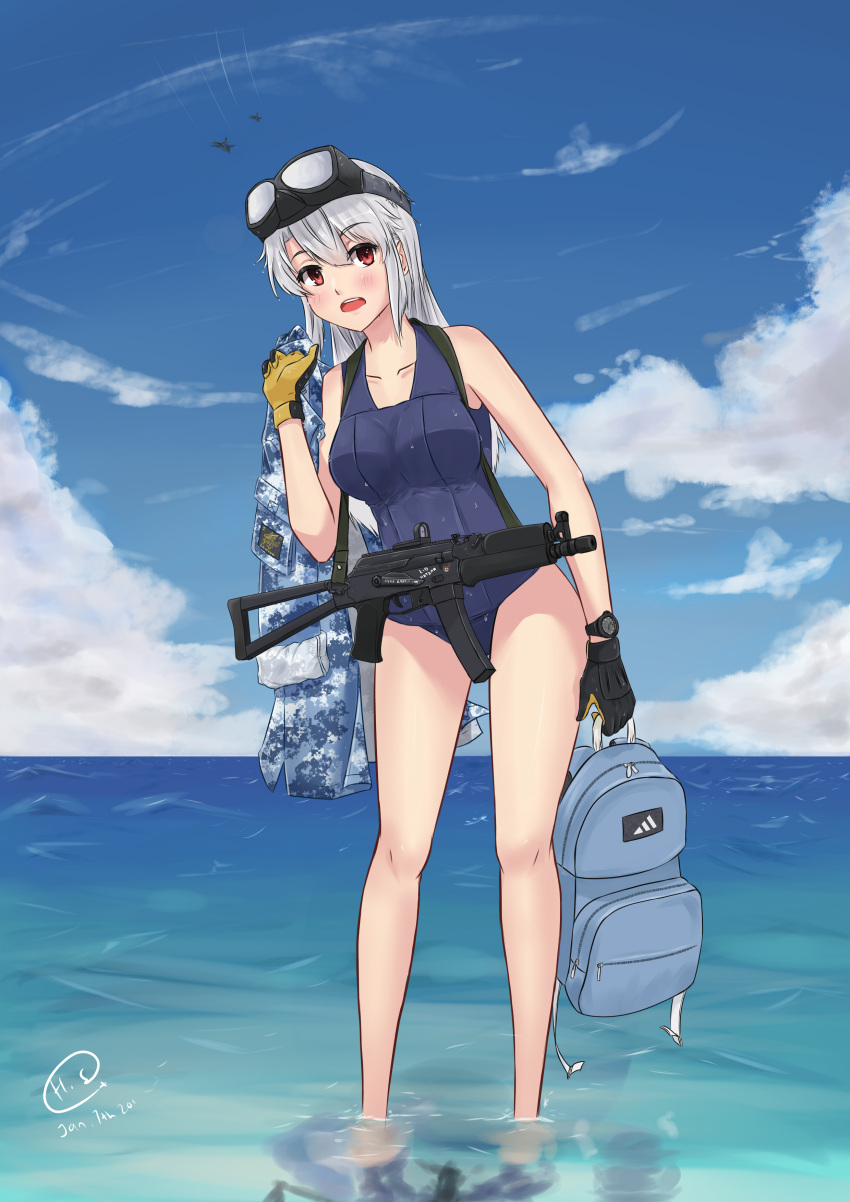 1girl absurdres aircraft airplane assault_rifle backpack bag blush camouflage clouds commentary dated gloves goggles goggles_on_head gun highres himmelstern holding_backpack jet ocean orange_eyes original rifle school_swimsuit signature silver_hair sky solo swimsuit wading watch watch water weapon weapon_request wet