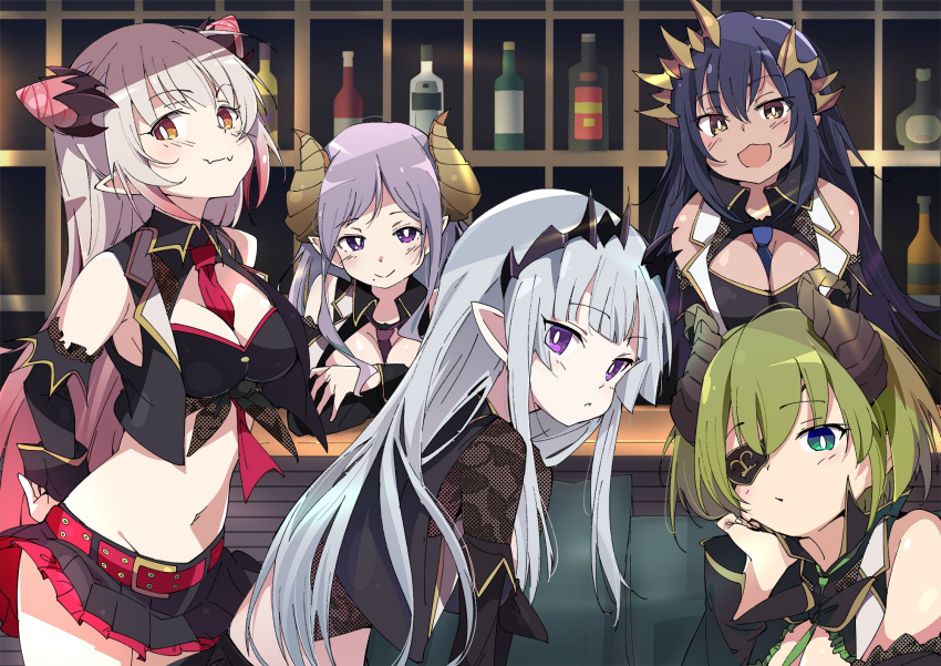 1girl 5girls bangs bar between_breasts black_hair black_skirt blue_neckwear bottle breasts cleavage closed_mouth collar commentary dark_skin demon_girl demon_horns detached_sleeves eyepatch fang_out green_eyes green_hair green_neckwear groin group_picture highres honey_strap horns indoors ixy large_breasts long_hair long_sleeves looking_at_viewer midriff miniskirt multicolored_hair multiple_girls navel necktie necktie_between_breasts official_art open_mouth pink_hair pointy_ears purple_hair purple_neckwear red_neckwear saionji_mary sekishiro_mico shimamura_charlotte short_hair sideboob silver_hair skirt smile sougetsu_eli suou_patra very_long_hair violet_eyes virtual_youtuber yellow_eyes