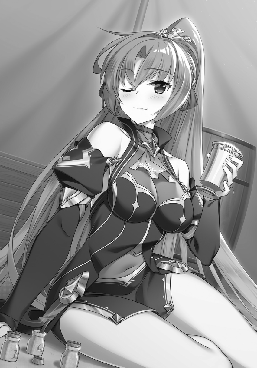 1girl ;) arm_support blush breasts detached_sleeves eyebrows_visible_through_hair greyscale hair_between_eyes hair_ornament high_ponytail highres holding large_breasts long_hair long_sleeves looking_at_viewer ludmila_lourie madan_no_ou_to_vanadis miniskirt miyatsuki_itsuka monochrome navel novel_illustration official_art one_eye_closed see-through side_slit sitting skirt smile solo very_long_hair