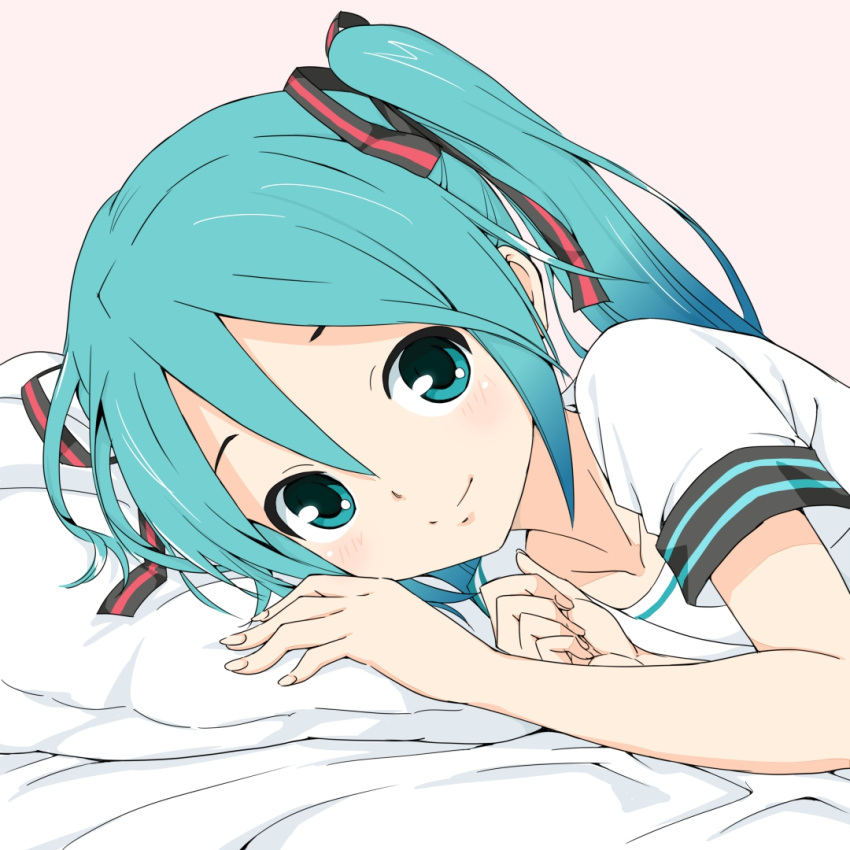 1girl aqua_eyes aqua_hair bed blue_hair collarbone commentary gradient_hair hair_ribbon hatsune_miku light_blush looking_at_viewer lying multicolored_hair on_side pillow pillow_grab ribbon short_sleeves smile solo soukun_s upper_body vocaloid vocaloid_(lat-type_ver)