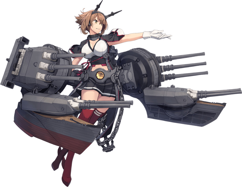1girl anchor black_skirt boots breasts brown_hair capelet chains cleavage coat gloves green_eyes headband kantai_collection large_breasts looking_to_the_side machinery midriff mutsu_(kantai_collection) official_art pleated_skirt red_legwear remodel_(kantai_collection) rigging searchlight shizuma_yoshinori short_hair simple_background skirt solo striped striped_skirt thigh-highs thigh_boots transparent_background turret white_gloves
