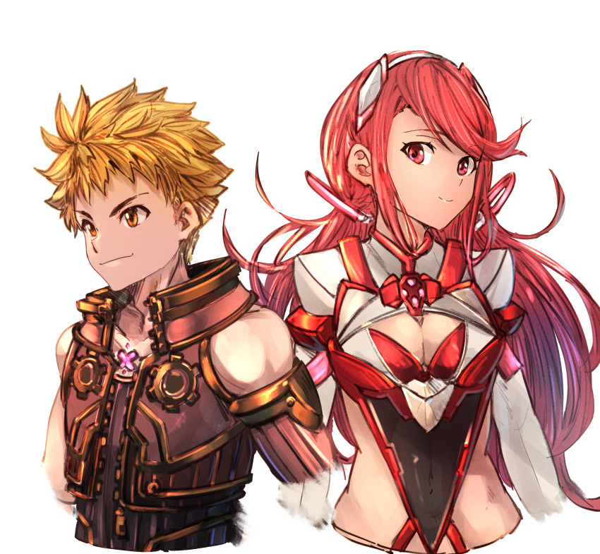 1boy 1girl absurdres armor bangs bare_shoulders blonde_hair breasts cleavage cleavage_cutout covered_navel gears gem headpiece highres pyra_(xenoblade) jewelry long_hair looking_at_viewer messy_hair nintendo pink_eyes pink_hair poteto_(potetosarada123) prototype rex_(xenoblade_2) shoulder_armor simple_background smile swept_bangs twintails white_background xenoblade_(series) xenoblade_2 yellow_eyes