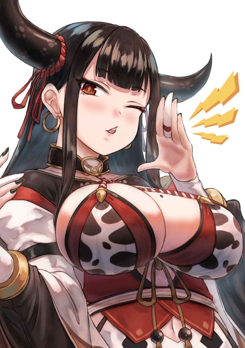 1girl absurdres animal_print bangs black_hair black_nails breasts bridal_gauntlets brown_ribbon cleavage commentary_request cow_girl cow_horns cow_print dress earrings eyebrows_visible_through_hair fingernails gohei_(aoi_yuugure) hand_up highres hoop_earrings horns jewelry large_breasts lightning_bolt long_hair long_sleeves mole mole_on_breast nail_polish navel one_eye_closed parted_lips re:act red_eyes red_ribbon ribbon simple_background solo upper_body upper_teeth ushio_tia virtual_youtuber white_background white_dress wide_sleeves